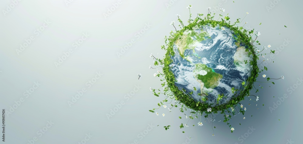 A lush green planet Earth with foliage symbolizes environmental sustainability, conservation, and the interconnectedness of nature and humanity. A lush green planet Earth with foliage symbolizes environmental sustainability, conservation, and the interconnectedness of nature and humanity.