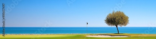  Scenic Coastal Golf Course in Need of Repair: Lush Greens, Flagsticks, and Bunkers Under Clear Blue Skies - Perfect Setting for Outdoor Sports and Summer Leisure, Featuring a Prominent Divot Awaiting