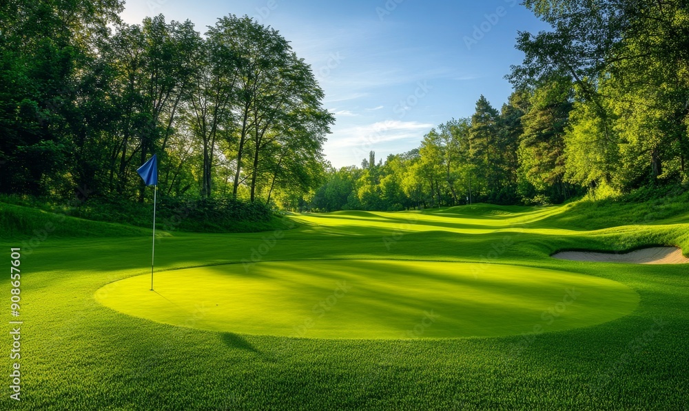 Fototapeta premium Scenic Coastal Golf Course in Need of Repair: Lush Greens, Flagsticks, and Bunkers Under Clear Blue Skies - Perfect Setting for Outdoor Sports and Summer Leisure, Featuring a Prominent Divot Awaiting