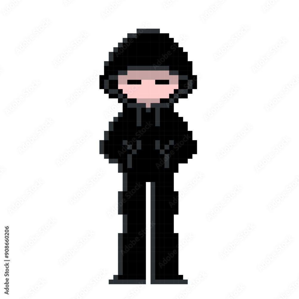 Fototapeta premium 黒パーカーのフードを深くかぶったハッカー風怪しい人のかわいいドット絵
