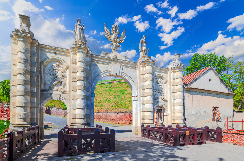 Alba Iulia, Romania. Baroque architectural gate of the stonewalled fortified Alba Carolina, Transylvania.