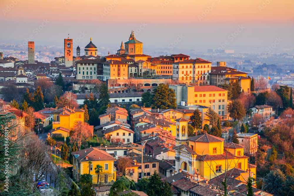 Bergamo, Italy - Aerial view of Bergamo Citta Alta beautiful historical town in Lombardy.