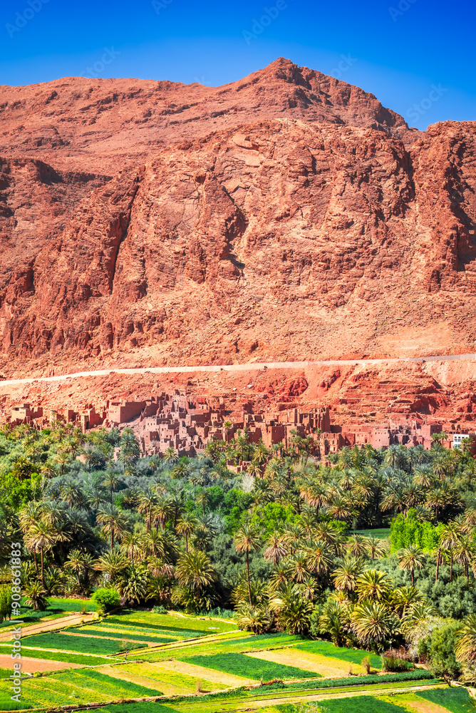 Tinghir, Morocco. Old berber architecture in Todra Valley and Oasis, Tagounsa village - Atlas Mountains.