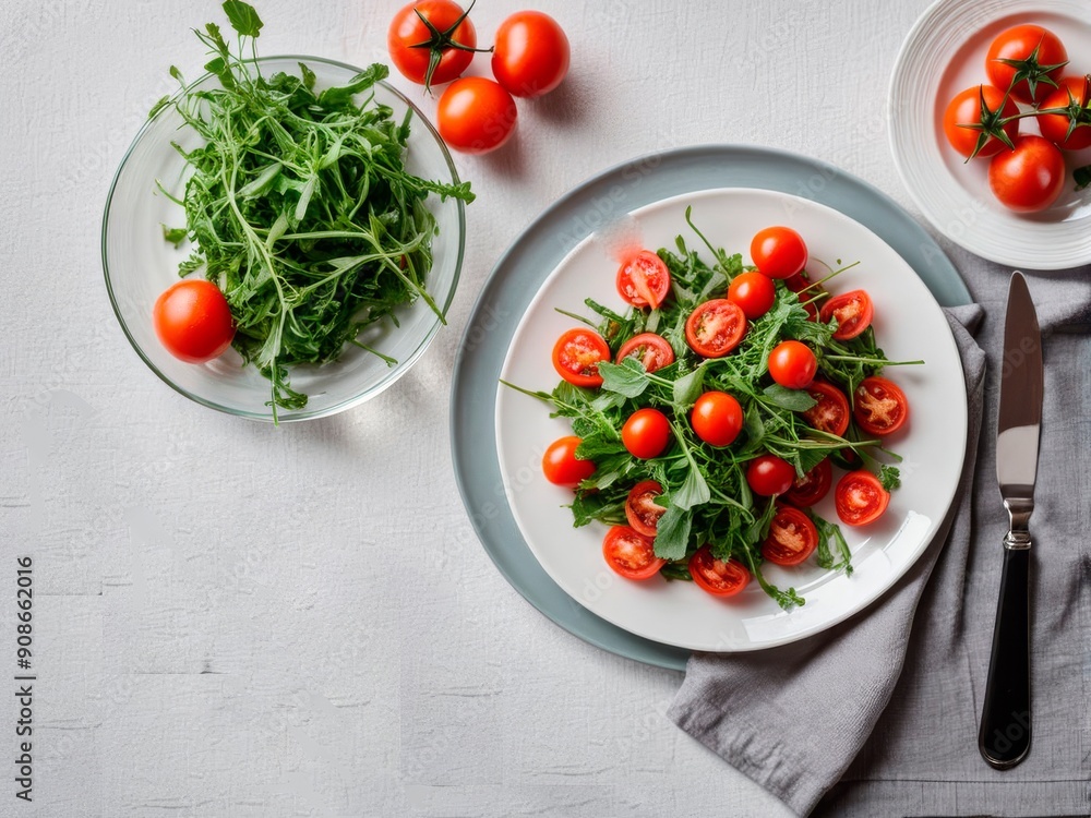 tomato and arugula salad, realistic studio photography, healthy lifestyle, vitamins, vegetarianism, breakfast, food,flyer, advertisement, product demonstration, marketing, banner. tomato and arugula salad, realistic studio photography, healthy lifestyle, vitamins, vegetarianism, breakfast, food,flyer, advertisement, product demonstration, marketing, banner.