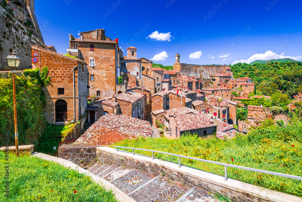 Sorano, Italy. Panoramic view of tuff rock small city, Grosseto Province in Tuscany.