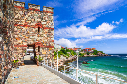 Obraz na płótnie Sozopol, Bulgaria. Summertime travel landscape with ancient walls of Apollonia and Black Sea rocky coastline. w salonie