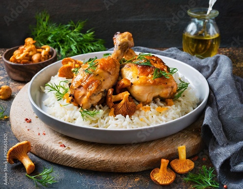 Hähnchenschenkel mit Reis, Pfifferlingen und Kräutern