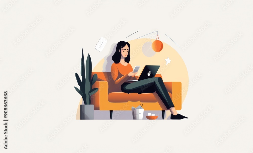 Girl Sitting on a Sofa Presenting E-Commerce Solutions on a Laptop.Generated image Girl Sitting on a Sofa Presenting E-Commerce Solutions on a Laptop.Generated image