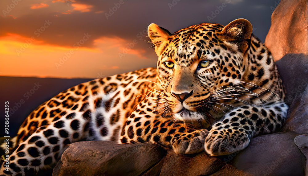 Fototapeta premium Leopard in a Calm and Relaxed Pose Close-Up During a Beautiful Sunset, Resting Gracefully on a Sunlit Rock