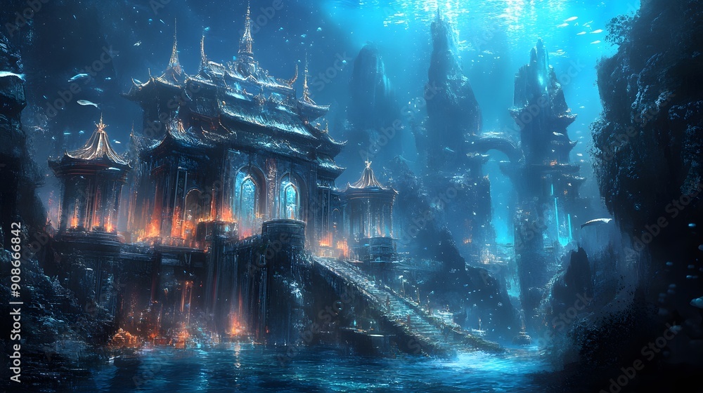 Obraz premium A mythical underwater city inhabited by merfolk and sea creatures, bioluminescent lighting, aquatic fantasy world, mystical beings, enchanting ambiance, image use