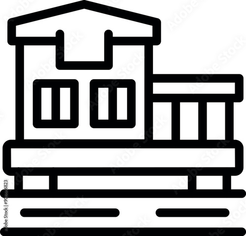 Linear icon of a bungalow house standing on the water on stilts