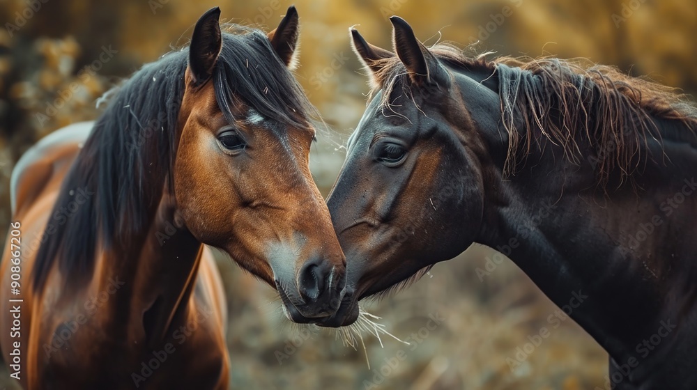 Two pairs of horses are full of romance in the pasture. Equestrian life on the farm. Farming and horse care.