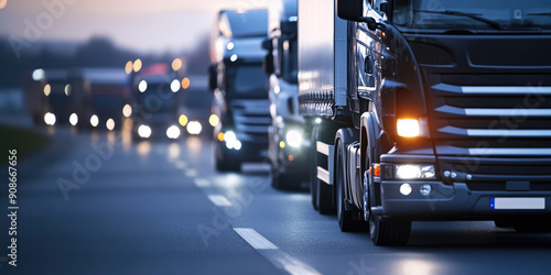 Trucks driving in line on a highway at night