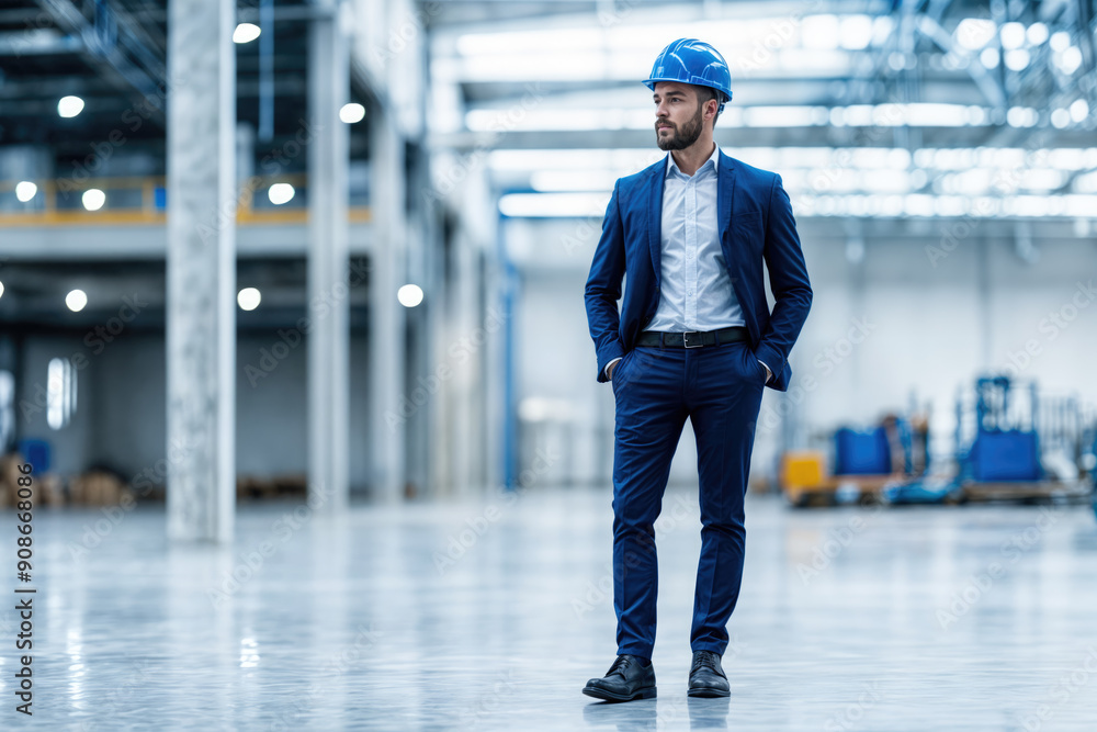 Obraz premium Confident manager standing with hands in pockets in large industrial warehouse