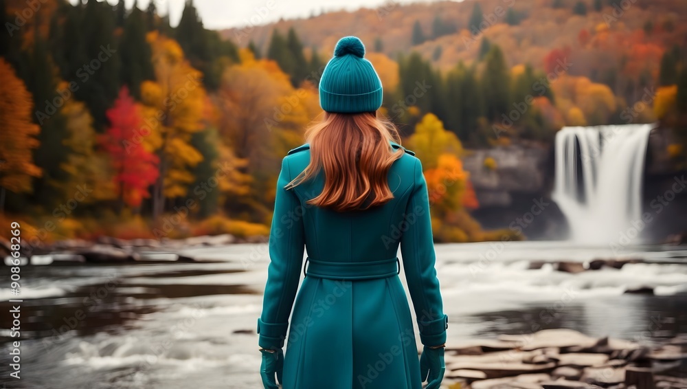 Woman fashion model in teal coat and beanie standing in autumn forest with waterfall, adventure and lifestyle concept, seasonal nature background