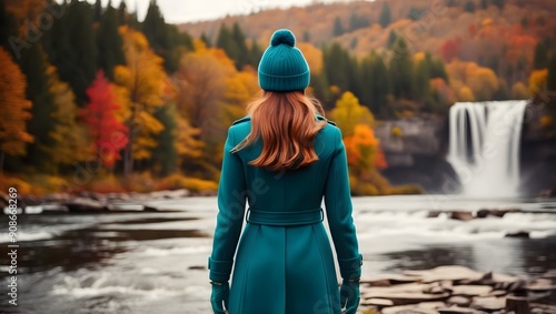 Obraz na płótnie Woman fashion model in teal coat and beanie standing in autumn forest with waterfall, adventure and lifestyle concept, seasonal nature background w salonie