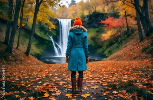 Obraz na płótnie Woman fashion model in teal coat and beanie standing in autumn forest with waterfall, adventure and lifestyle concept, seasonal nature background w salonie