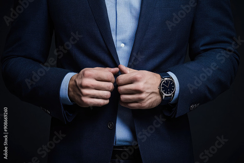 Businessman buttoning his suit jacket while wearing a watch