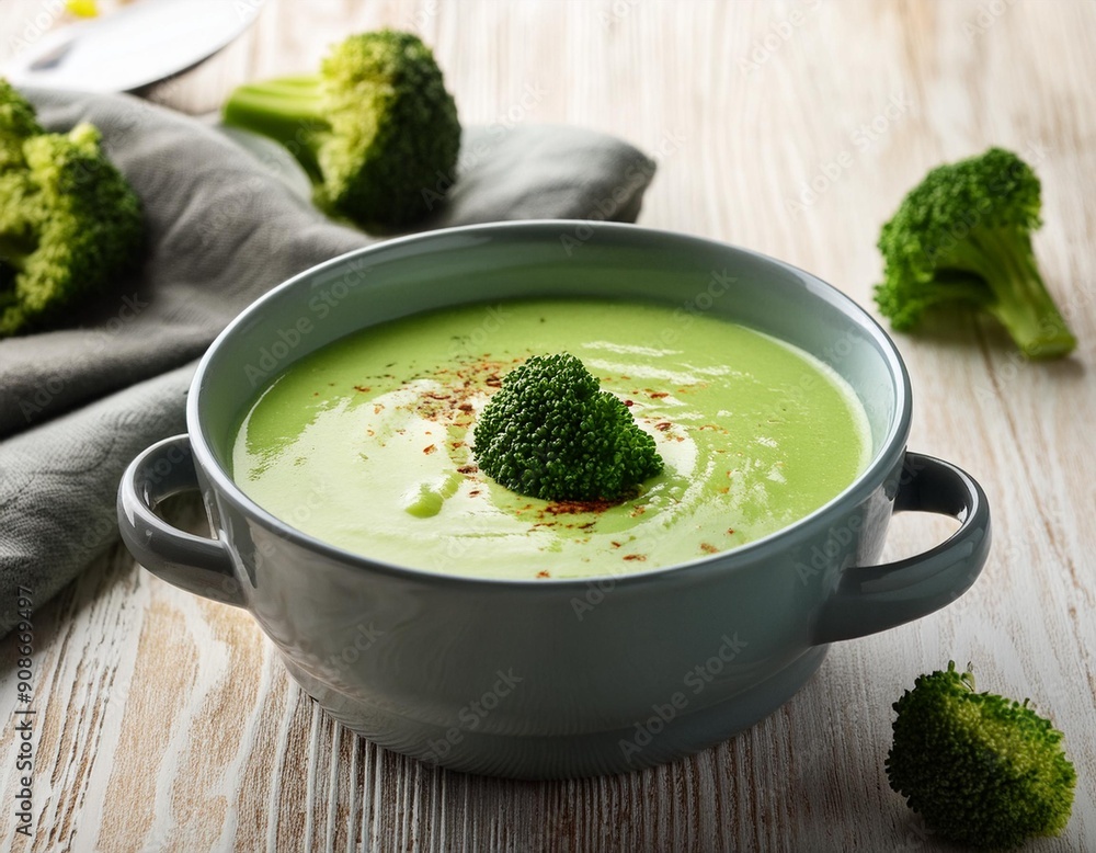 Brokkolicremesuppe, auf hellem Holztisch Brokkolicremesuppe, auf hellem Holztisch