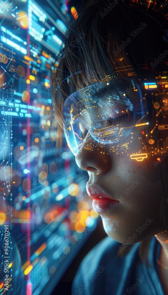 A stylish woman with futuristic glasses gazes at a computer screen A stylish woman with futuristic glasses gazes at a computer screen