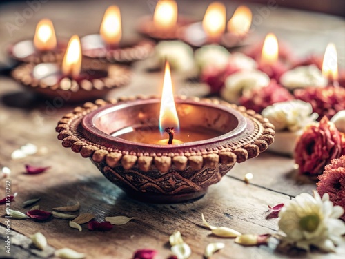 Oil lamp decoration in happy Diwali festival. dark background photo