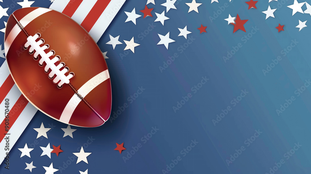 American football on a blue background with stars and stripes creating a patriotic theme. American Football Day. American football on a blue background with stars and stripes creating a patriotic theme. American Football Day.