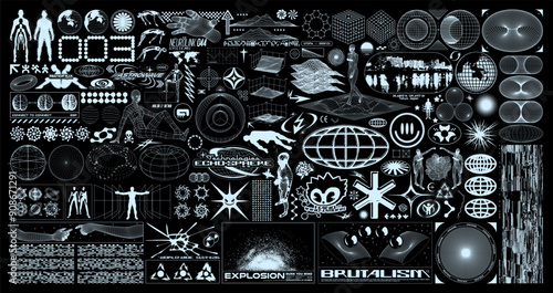 Brutalism graphic shapes. Retro-futuristic grunge elements for design, geometric universal wireframe shape, silhouettes of people, fake logo. Blanks for a poster, banner, business card, sticker