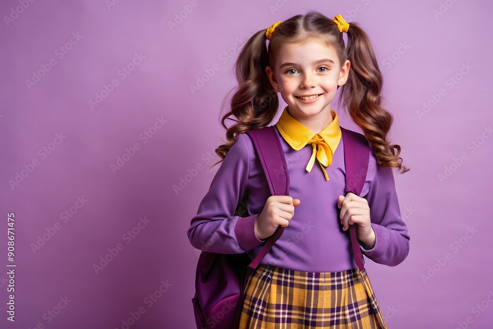 Portrait of a young school girl in a suit with backpack, Happy student school girl ready to go to school on purple background Portrait of a young school girl in a suit with backpack, Happy student school girl ready to go to school on purple background