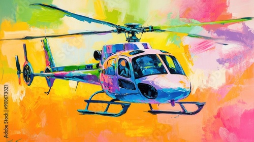 Colorful Abstract Oil Painting of a Helicopter in Flight