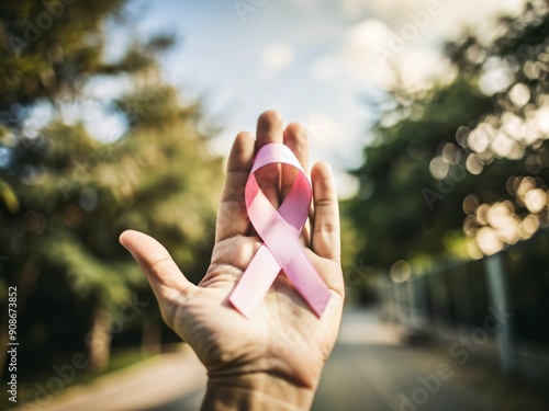 Pink ribbon symbolizing breast cancer awareness. The pink ribbon is held by a person's hand. The image conveys a message of support and solidarity for those affected by breast cancer photo