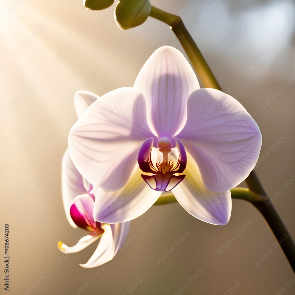 Photograph of white and purple orchids in soft sunlight. Photograph of white and purple orchids in soft sunlight.