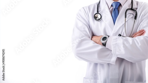 Doctor with Stethoscope and Watch Arms Crossed White Background