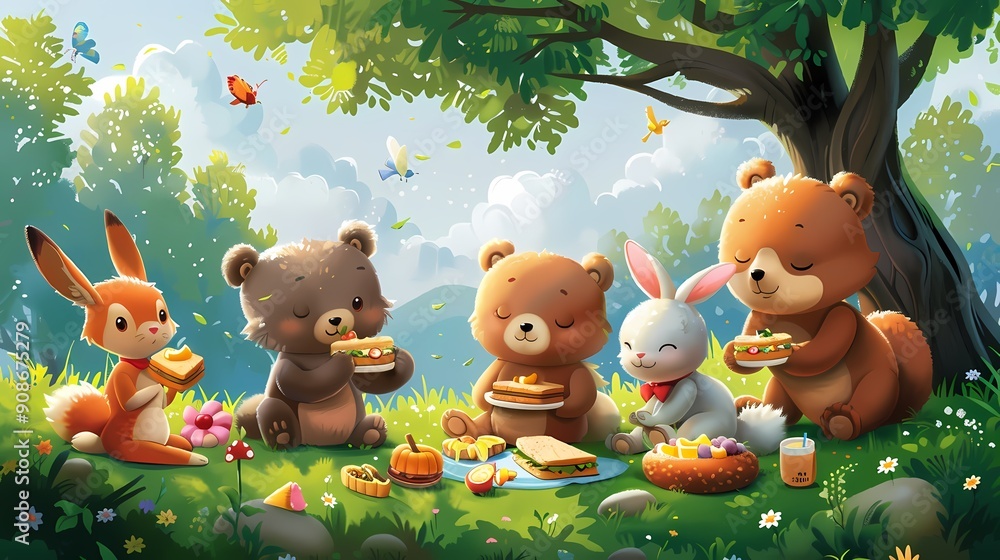 Naklejka premium Cute animal friends enjoying a picnic under a tree.