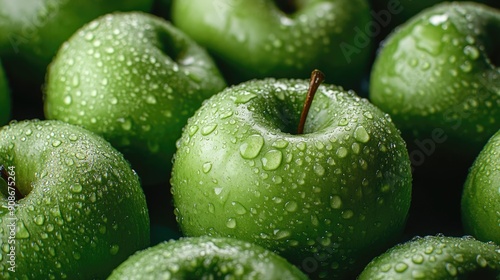 Fresh green apples with water droplets, forming a crisp and vibrant pile.