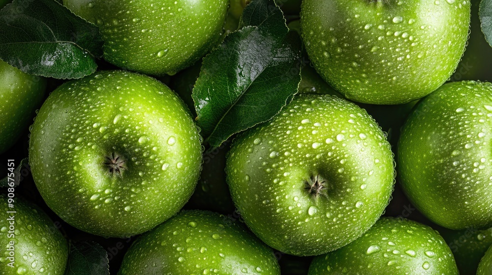 Fresh green apples with water droplets, forming a crisp and vibrant pile. Fresh green apples with water droplets, forming a crisp and vibrant pile.