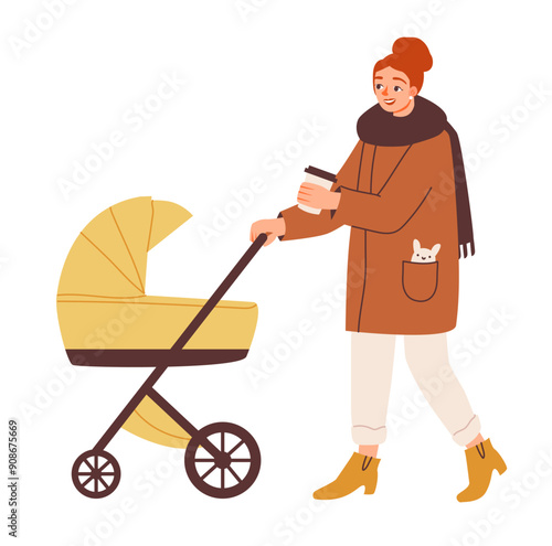 Young mother with a baby stroller on a walk isolated on a white background. Motherhood. Mom with a baby pram. Flat vector illustration