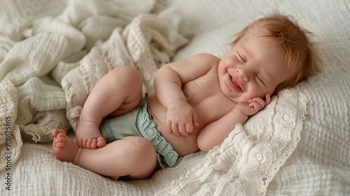 The happy baby on bed photo