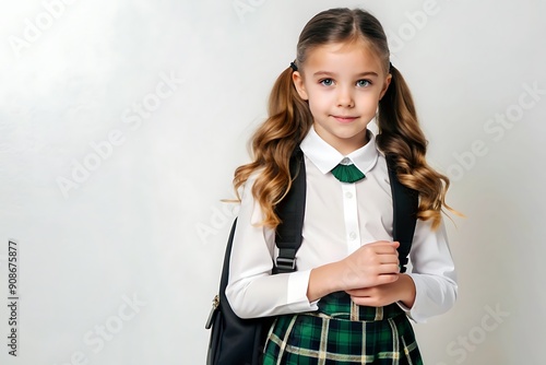 Portrait of a young school girl in a suit with backpack, Happy student school girl ready to go to school on white background