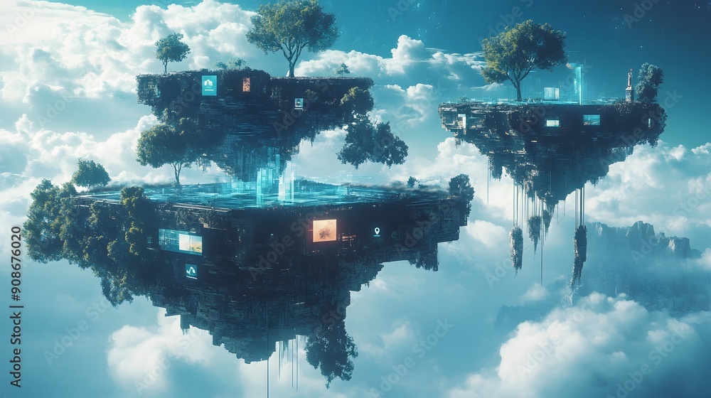Fototapeta premium A conceptual art piece featuring streaming platforms represented as floating islands in a digital realm, surreal landscape, tech-inspired art, dreamlike setting, futuristic mood, image use