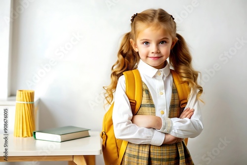 Happy smiling school girl in a suit with school bag ready to go to school, isolated on white background