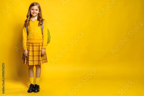 Portrait of a school girl in a suit with backpack ready to go to school, isolated on yellow background with copy space