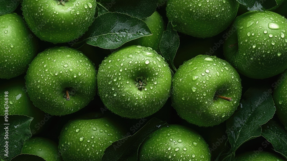Obraz premium Green apples with water droplets, creating a fresh and juicy pile