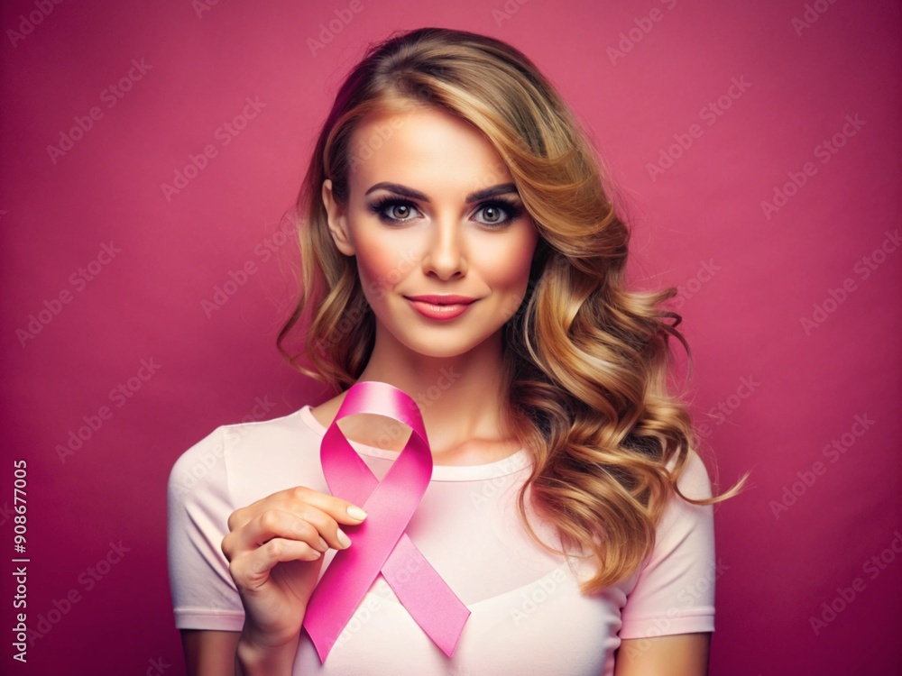 wonderful young Woman with pink ribbon on color background. Breast cancer awareness concept wonderful young Woman with pink ribbon on color background. Breast cancer awareness concept