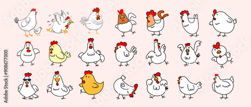 Set of cute chicken, hen, rooster and little chick cartoon character vector illustration collection. Poultry farm bird animal element design. Isolated on white background.