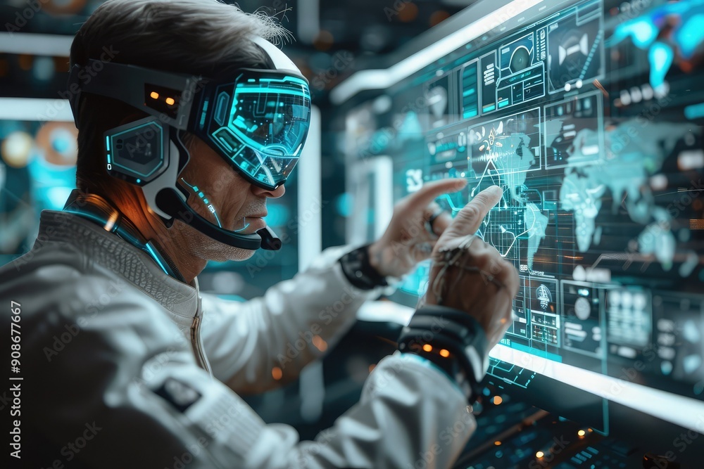A man with a headset and goggles points at a computer screen A man with a headset and goggles points at a computer screen