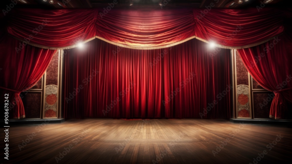 A red curtain hangs in front of a stage A red curtain hangs in front of a stage