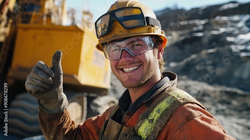 A male mining worker in a hard hat and safety vest smiling