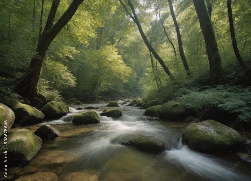 A tranquil stream gently flowing through a lush green forest, creating a peaceful atmosphere A tranquil stream gently flowing through a lush green forest, creating a peaceful atmosphere