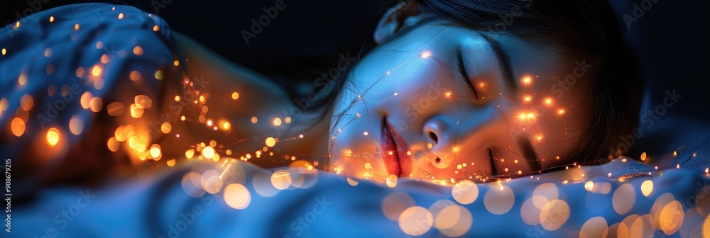 A woman sleeps in bed with Christmas lights on her face A woman sleeps in bed with Christmas lights on her face