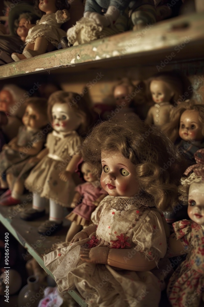 Creepy Doll Room. A dusty room filled with old, cracked dolls sitting on shelves, their glass eyes glinting eerily in the dim light. Creepy Doll Room. A dusty room filled with old, cracked dolls sitting on shelves, their glass eyes glinting eerily in the dim light.